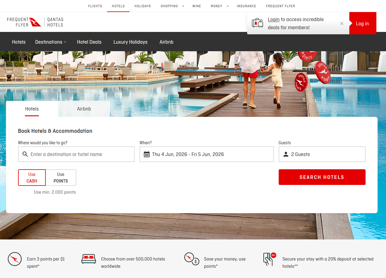 Qantas Hotels hotel booking page
